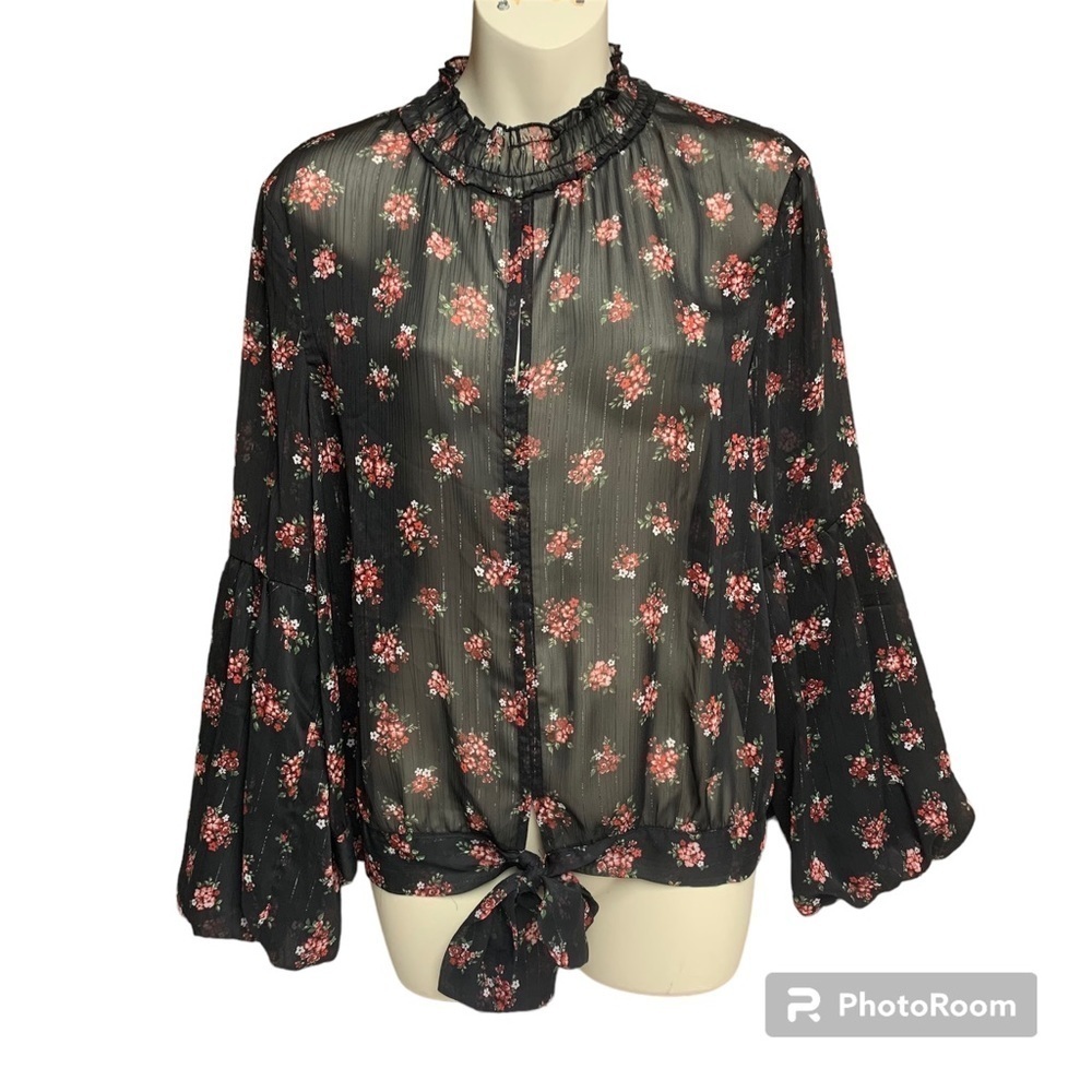 Maurices size small sheer top with ruffled neck balloon sleeve tie waist